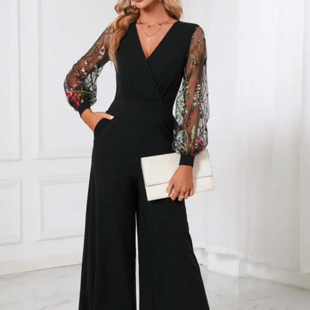 Embroidered V-Neck Elegant Jumpsuit/Pantsuit - Picture 4 of 6